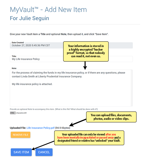 Sample MyVault screen
